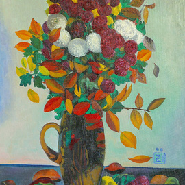 Moesey Li: 'Autumn flowers and leaves ', 1990 Oil Painting, Floral. Artist Description: realism, still life, flowers, leaves, vase, book...
